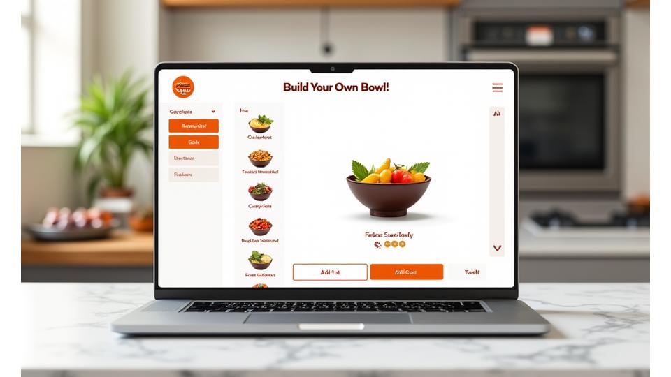 Antaramuka interaktif untuk 'Build Your Own Bowl' menunjukkan pelbagai pilihan bahan dan pratonton visual.