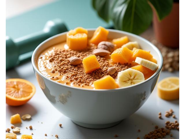 Bowl Fitness Champion dengan buah-buahan tempatan dan protein.