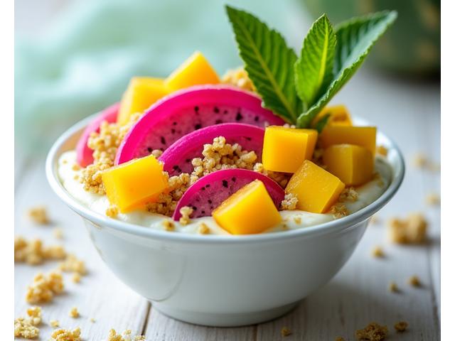 Bowl buah Tropical Paradise dengan mangga, buah naga, dan granola pandan.