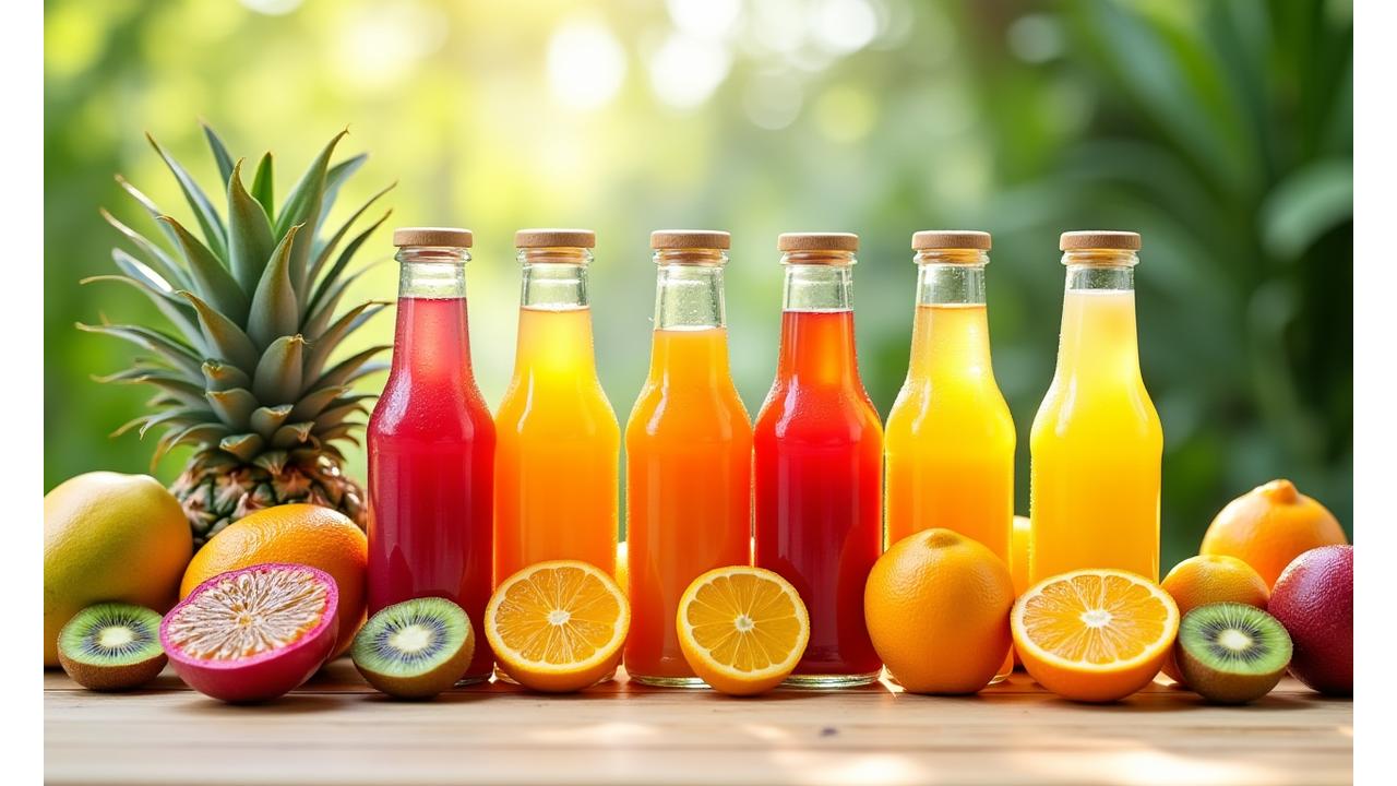 Aneka botol jus buah segar Tropika Nectar pelbagai warna