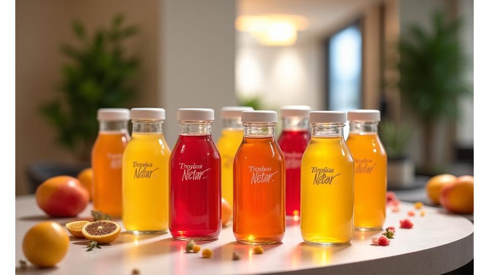 Meja dengan hidangan jus segar Tropika Nectar di acara korporat
