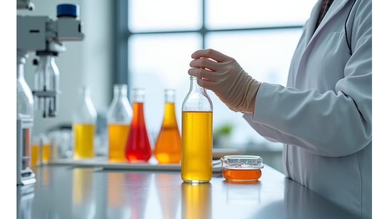 Seorang pakar memeriksa kualiti jus dalam makmal Tropika Nectar