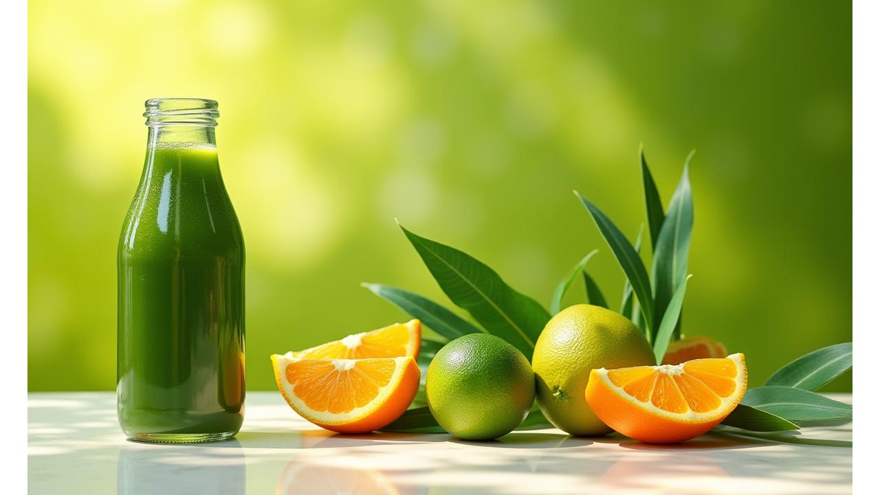 Buah-buahan tropika Malaysia seperti garcinia, pandan, limau nipis dan serai dalam susunan yang segar bersama jus detoks hijau.