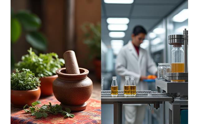 Perbandingan proses tradisional (lesung batu, periuk tanah) dan moden (mesin perahan, botol steril) untuk jus herba.