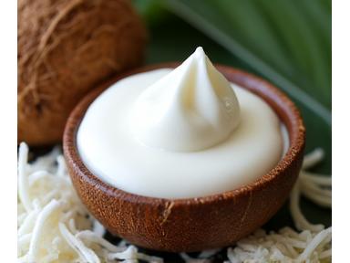 Santann kelapa segar dalam mangkuk dengan kelapa parut di sekelilingnya.