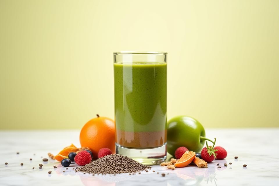 Smoothie protein plant-based dengan hiasan biji chia, biji rami, dan kacang pea, disajikan dalam gelas di samping bahan-bahan mentah.