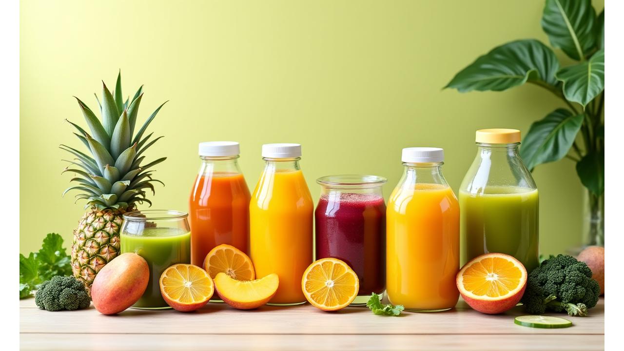 Koleksi jus dan smoothie vegan yang berwarna-warni dengan hiasan buah-buahan tropika dan sayur-sayuran hijau, tersusun indah di atas meja kayu dengan cahaya matahari semula jadi.