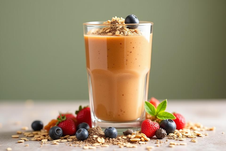 Smoothie pengganti hidangan vegan yang tebal dan kaya dengan pelbagai buah-buahan, kacang, dan bijirin di sekelilingnya, menonjolkan komposisi nutrisinya.