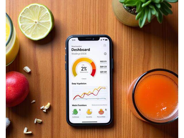 Antara muka aplikasi mudah alih menunjukkan dashboard penjejak kesihatan dengan graf pengambilan nutrisi harian, matlamat kesihatan, dan pencapaian tabiat sihat.