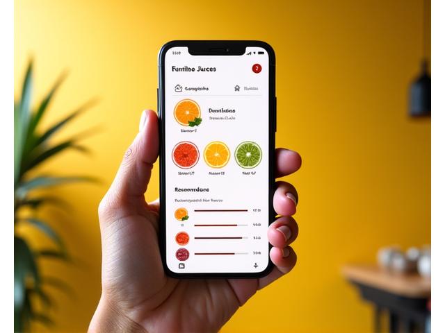 Antara muka aplikasi mudah alih menunjukkan pilihan personalisasi untuk jus dan smoothie, dengan rating rasa dan grafik pilihan buah-buahan.