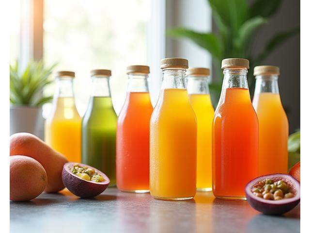 Meja dapur moden dengan pelbagai botol jus buah segar dan buah-buahan tropika, menunjukkan penghantaran langganan mingguan yang mudah.
