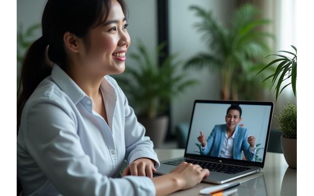 Seorang pengurus akaun korporat sedang berbincang dengan klien melalui panggilan video, menunjukkan sokongan pelanggan 24/7.
