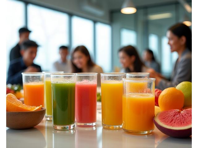 Meja pejabat moden dengan pelbagai jus dan smoothie segar Tropika Nectar tersusun rapi, menggambarkan suasana sihat dan produktif.