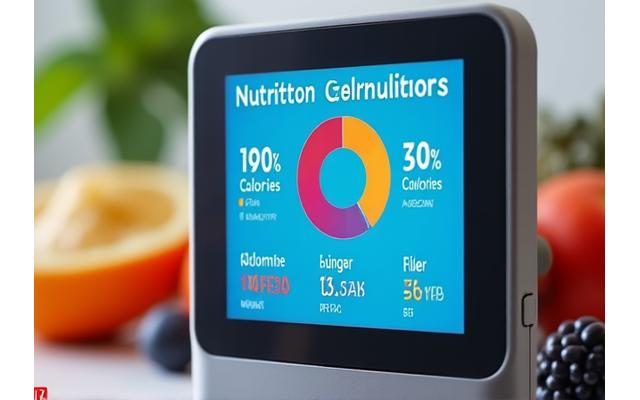 Antaramuka kalkulator nutrisi digital menunjukkan carta pai dan nombor untuk kalori, protein, dan serat bagi smoothie.