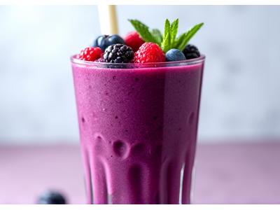 Smoothie ungu keunguan dalam gelas dengan buah beri segar di atas dan dahan mint.