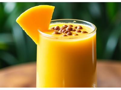 Smoothie kuning cerah dalam gelas tinggi dihiasi hirisan mangga dan buah markisa.