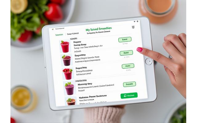 Antaramuka digital menunjukkan senarai resepi smoothie yang disimpan dengan nama dan thumbnail, dengan butang 'Pesan Semula'.