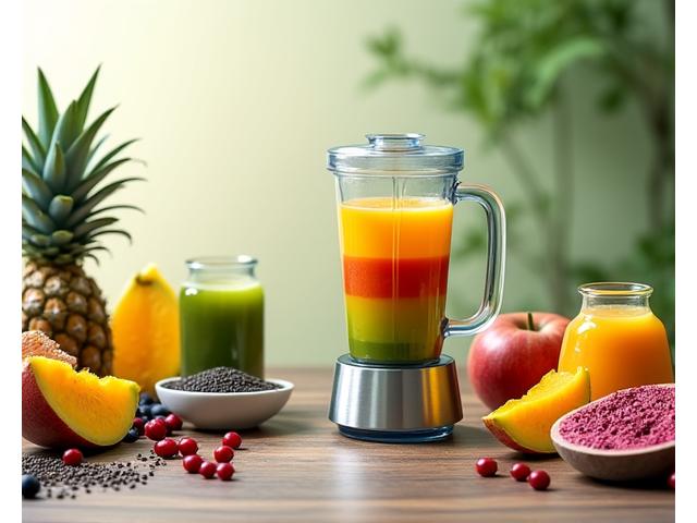 Antaramuka pembina smoothie interaktif menunjukkan pelbagai buah-buahan dan bahan-bahan premium disusun secara menarik, dengan visual pratonton smoothie di sisi.