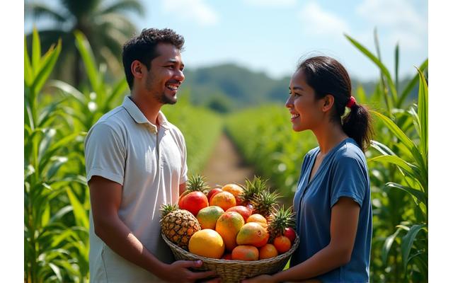 Petani Malaysia tersenyum bangga di ladang buah-buahan, dikelilingi pekerja dan buah segar yang telah dituai, melambangkan kerjasama komuniti Tropika Nectar.