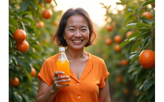 Puan Salmah Abdullah tersenyum sambil memegang sebotol jus buah segar di ladang, melambangkan permulaan Tropika Nectar.